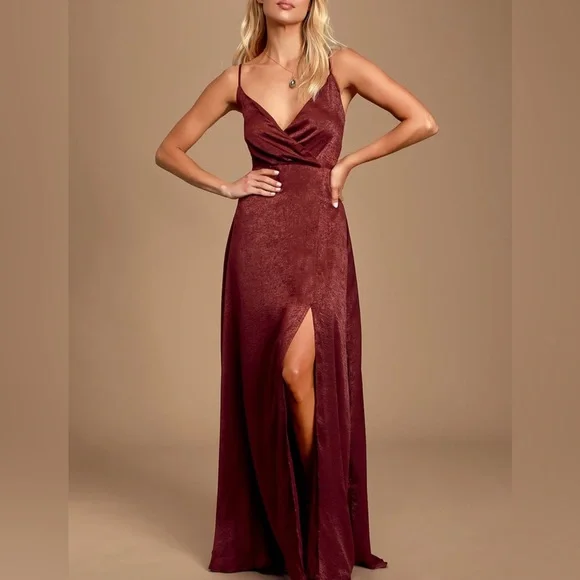 Burgundy Satin Maxi Dress | Womens | Medium | 100% Polyester | Lulus